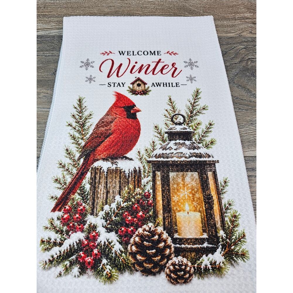 Welcome Winter Cardinal Kitchen Towel Rustic Farmhouse Bird & Lantern Decor - Picture 4 of 5
